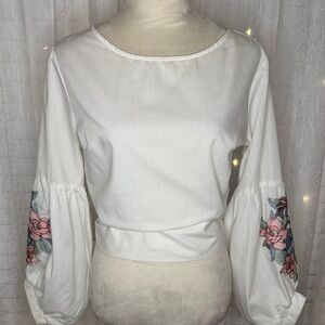 FAVLUX Ivory Blouse with Floral Embroidered Sleeves